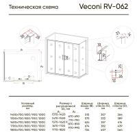 Душевой угол раздвижной прямоугольный RV062-15080PR-01-19C3 1500x800x1900 профиль Хром стекло Прозрачное Veconi